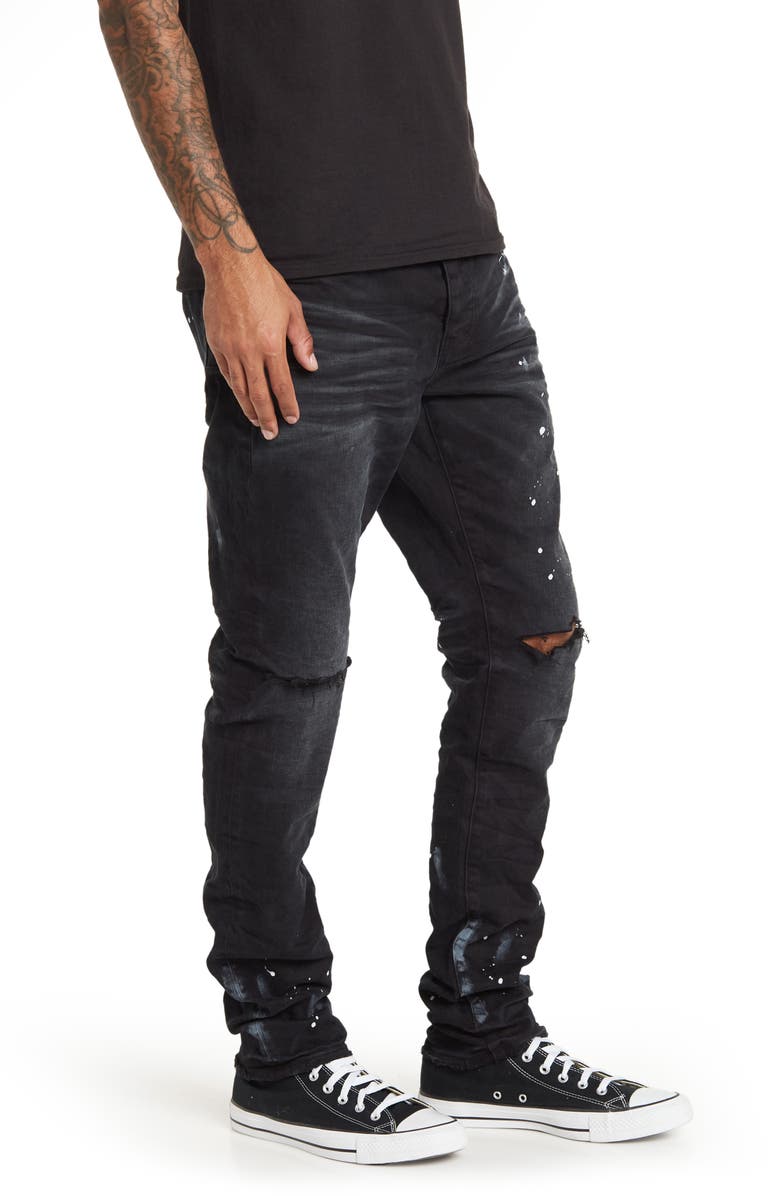 PURPLE BRAND Paint Splatter Ripped Knee Skinny Jeans, Alternate, color, Black Resin Knee Slit122