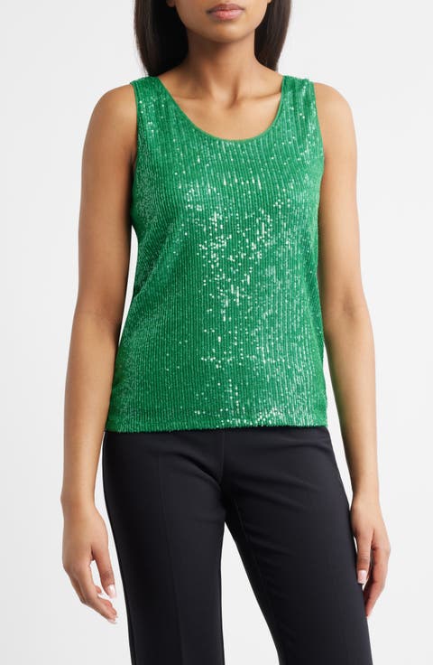 Sequin Double Scoop Neck Mesh Tank (Petite)