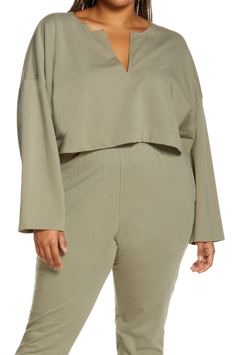 Split Neck Stretch Cotton Crop Sweatshirt, Main, color, GREEN VETIVER