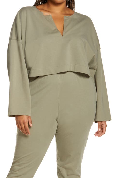 Split Neck Stretch Cotton Crop Sweatshirt