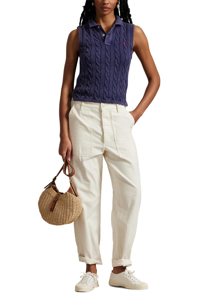 Cable Sleeveless Cotton Polo Sweater, Alternate, color, NEWPORT NAVY
