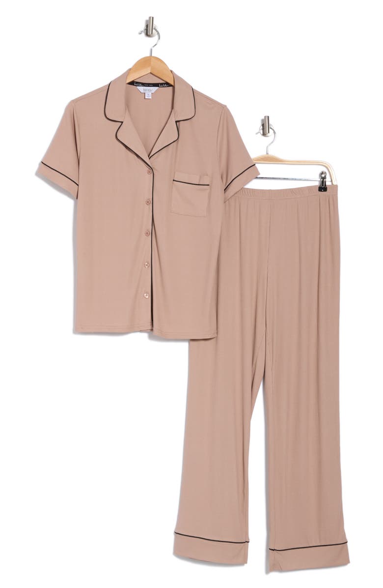 Nicole Miller Ribbed Short Sleeve Top & Pants Pajamas, Alternate, color, Iced Mocha