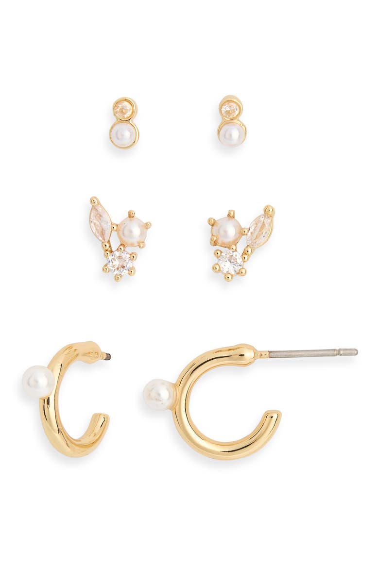 3-Pack CZ & Faux Pearl Stud & Hoop Earrings, Main, color, CLEAR- WHITE- GOLD