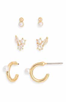 NORDSTROM RACK 3-Pack CZ & Faux Pearl Stud & Hoop Earrings