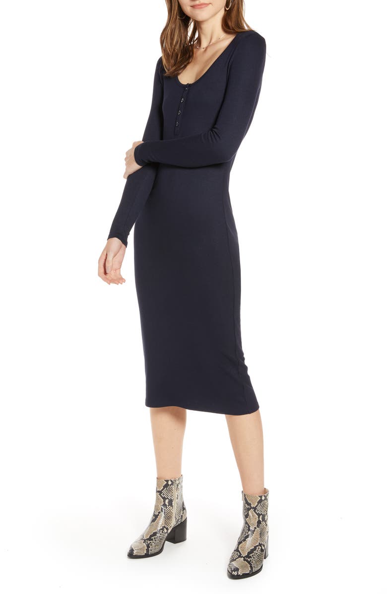 Treasure & Bond Ribbed Henley Midi Dress, Main, color,