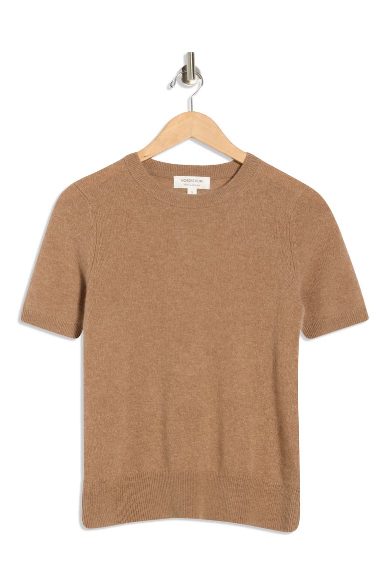 Short Sleeve Cashmere Sweater, Alternate, color, TAN GINGERSNAP HEATHER