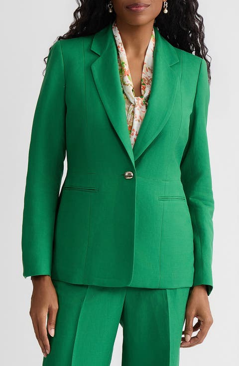 One-Button Linen Blend Peplum Blazer