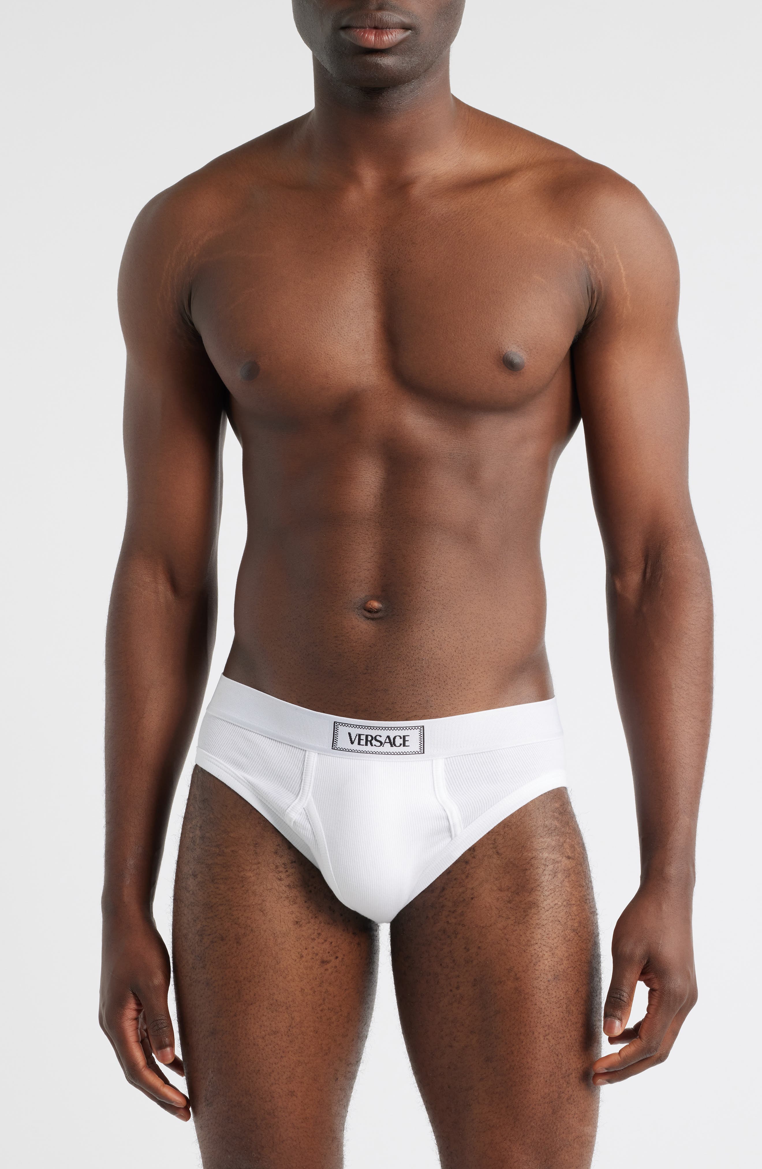Versace '90s Logo Stretch Cotton Rib Briefs In White