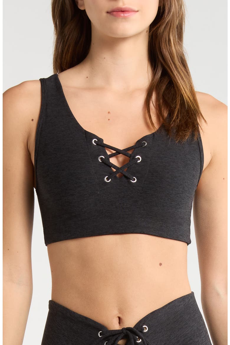 Football Stretch Sports Bra, Main, color, HEATHER BLACK