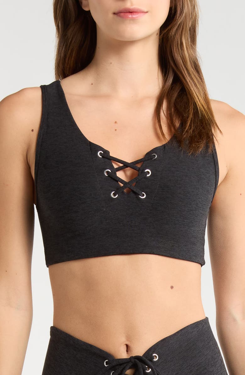 Year of Ours Football Stretch Sports Bra, Main, color, Heather Black