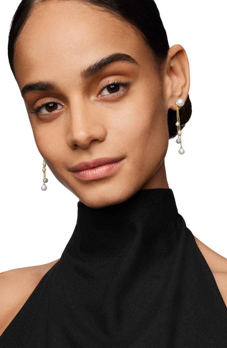 David Yurman Pearl and Pavé Two Row Drop Earrings in 18K Yellow Gold with Diamonds, Alternate, color, 