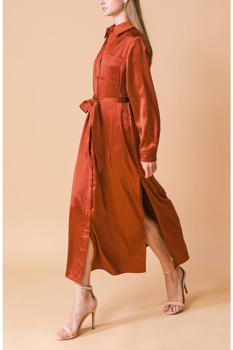 Long Sleeve Satin Midi Shirtdress, Alternate, color, RUST