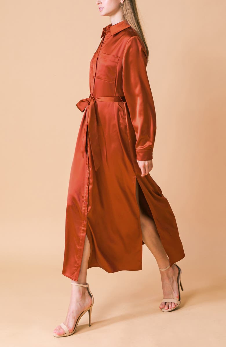FLYING TOMATO Long Sleeve Satin Midi Shirtdress, Alternate, color, Rust