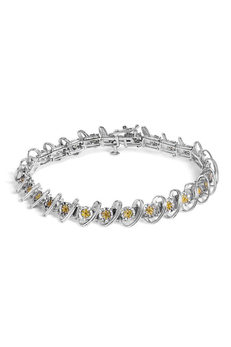 .925 Sterling Silver 3/4 Cttw Yellow Diamond Illusion Plate Looped Link Bracelet, Main, color, Silver