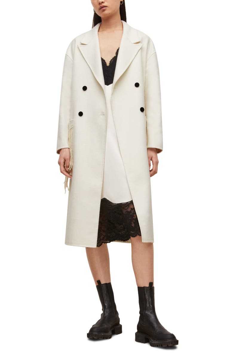 AllSaints Freya Fringed Double Breasted Wool Blend Coat, Main, color,