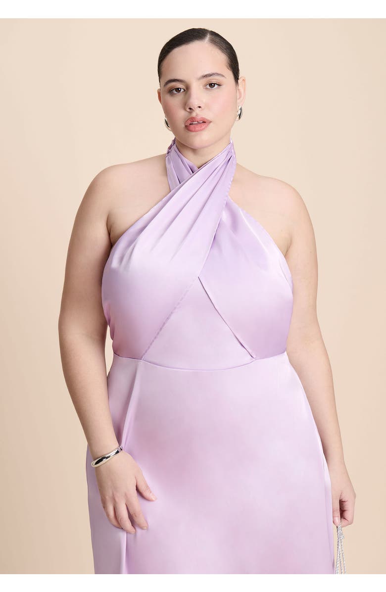 ELOQUII Halter Neck Satin Maxi Dress, Alternate, color, Lavendula