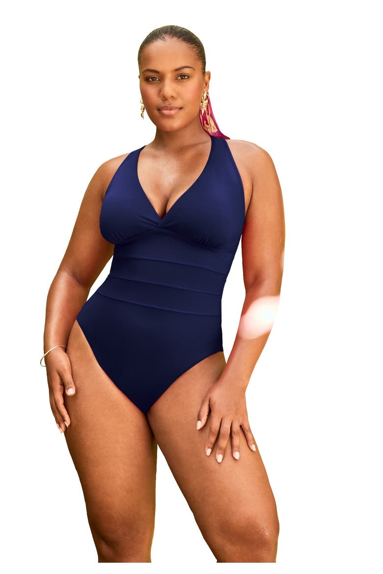 Crossback V-Neck One Piece Swimsuit, Main, color, Navy