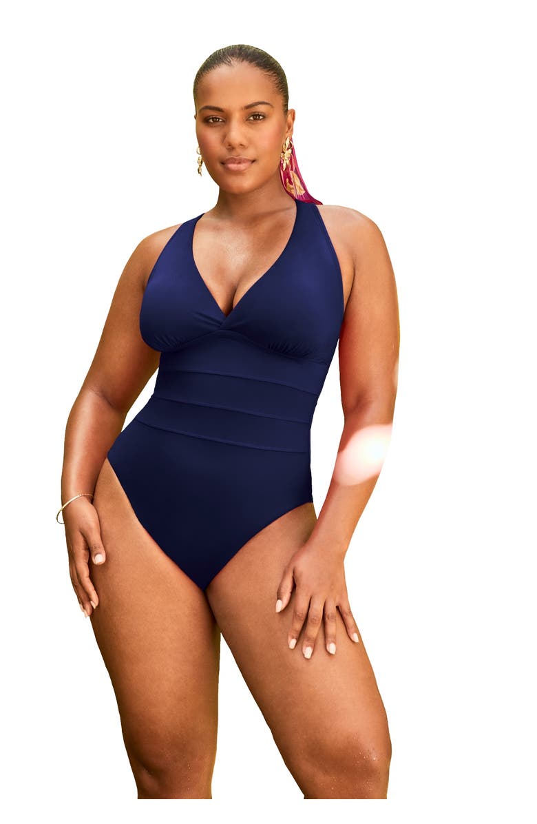 Swimsuits for All Crossback V-Neck One Piece Swimsuit, Main, color, Navy