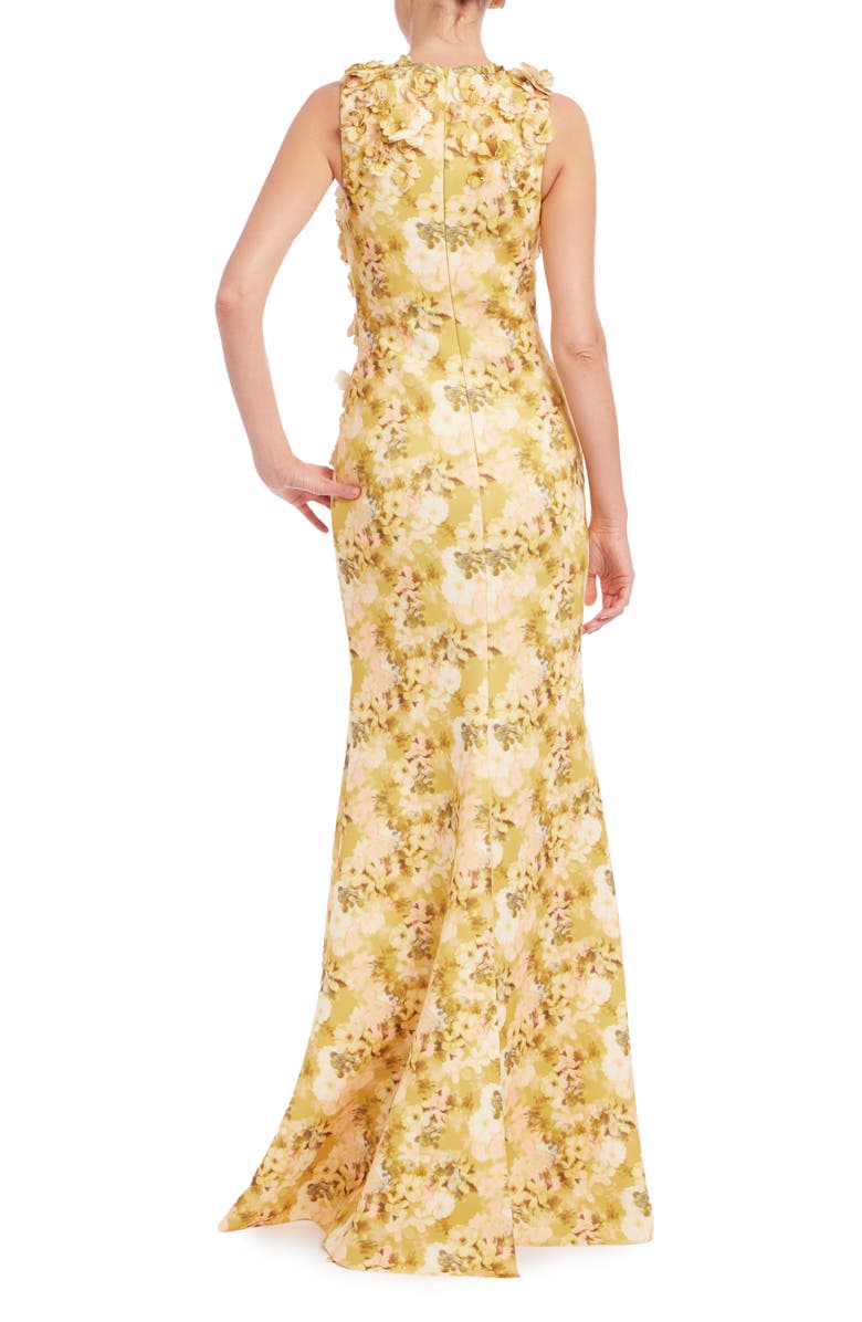 Badgley Mischka Collection Floral Appliqué Scuba Knit Column Gown, Alternate, color, Yellow Multi