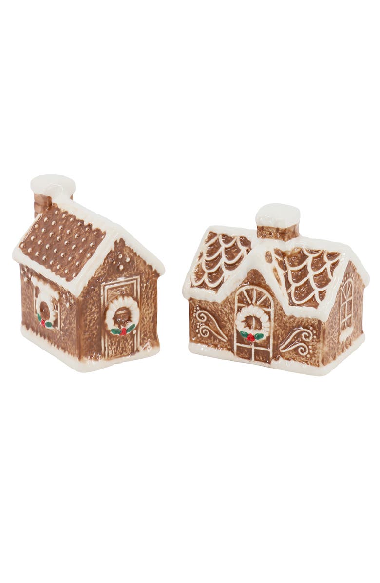 MARTHA STEWART Ceramic Gingerbread House Salt and Pepper Shaker Set, Main, color, Brown