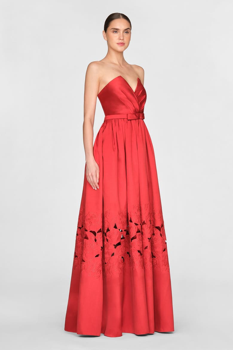 Lena Embroidered Mikado Gown, Alternate, color, CRIMSON BLOOM