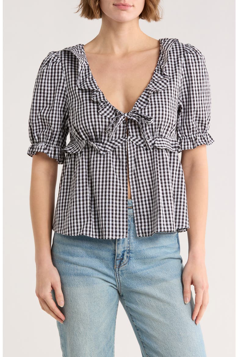 Short Sleeve Ruffle Top, Main, color, BLACK- WHITE DEMI GINGHAM