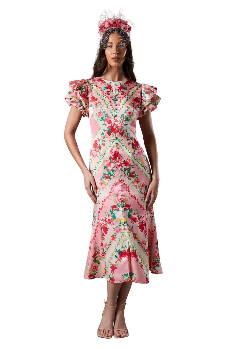 Lisa Printed Ruffle Hem Midi Dress, Main, color, Pink