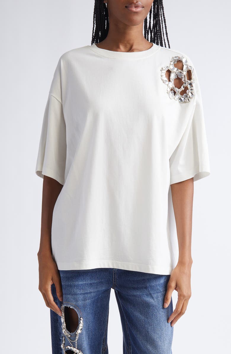 Area Crystal Cluster Flower T-Shirt, Main, color, White