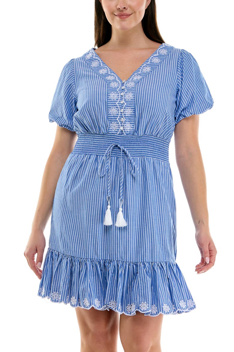 Embroidered Eyelet Puff Sleeve Cotton Dress, Alternate, color, BLUE/WHITE STRIPE