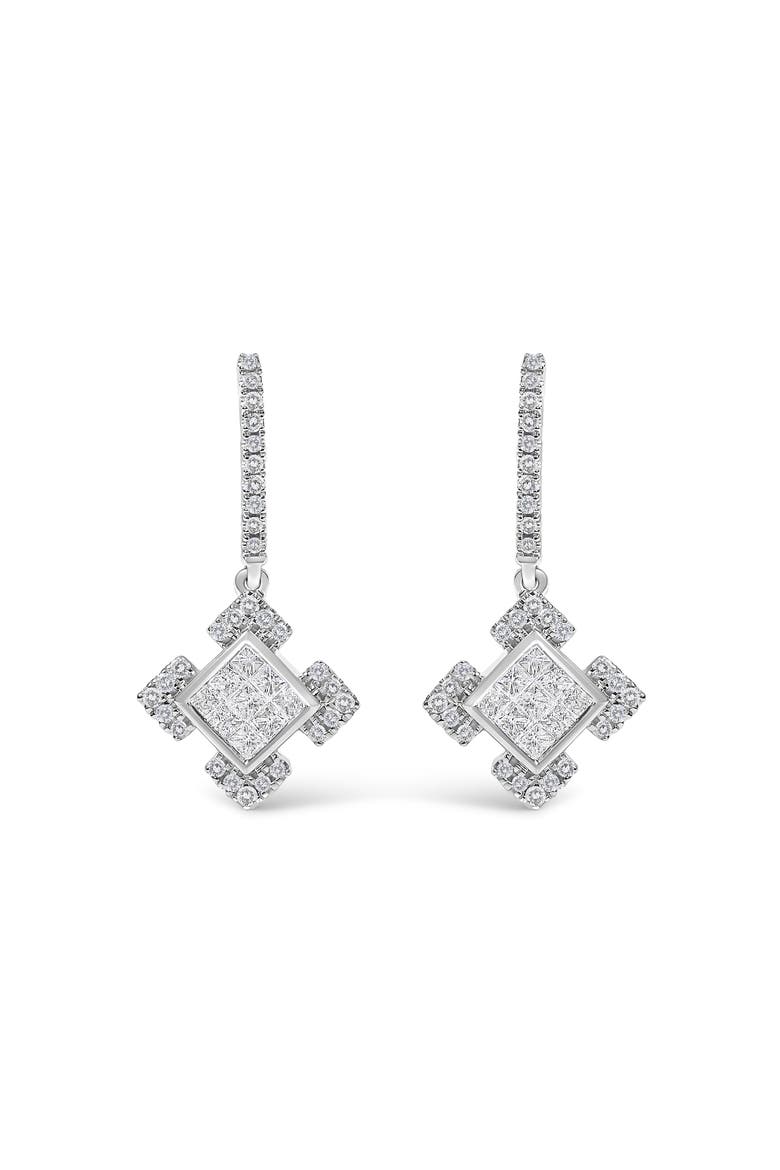 10K White Gold Princess and Round Diamond Geometric Composite Dangle Earrings, Main, color, White Gold