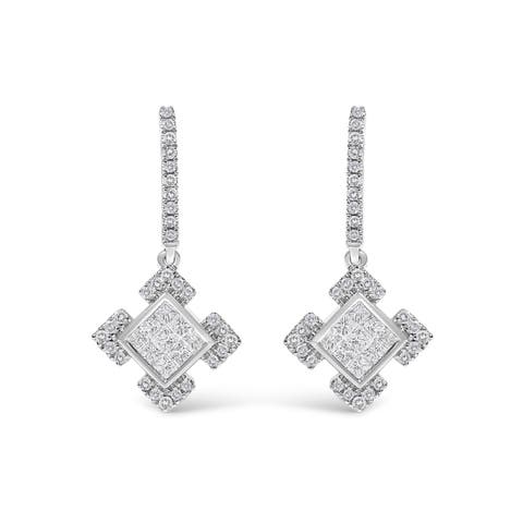 10K White Gold Princess and Round Diamond Geometric Composite Dangle Earrings