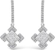 Haus of Brilliance 10K White Gold Princess and Round Diamond Geometric Composite Dangle Earrings