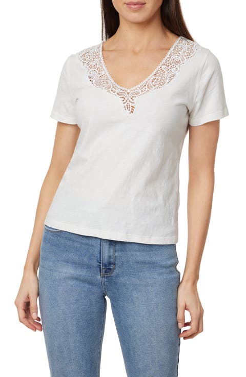 Lace Inset V-Neck Cotton T-Shirt