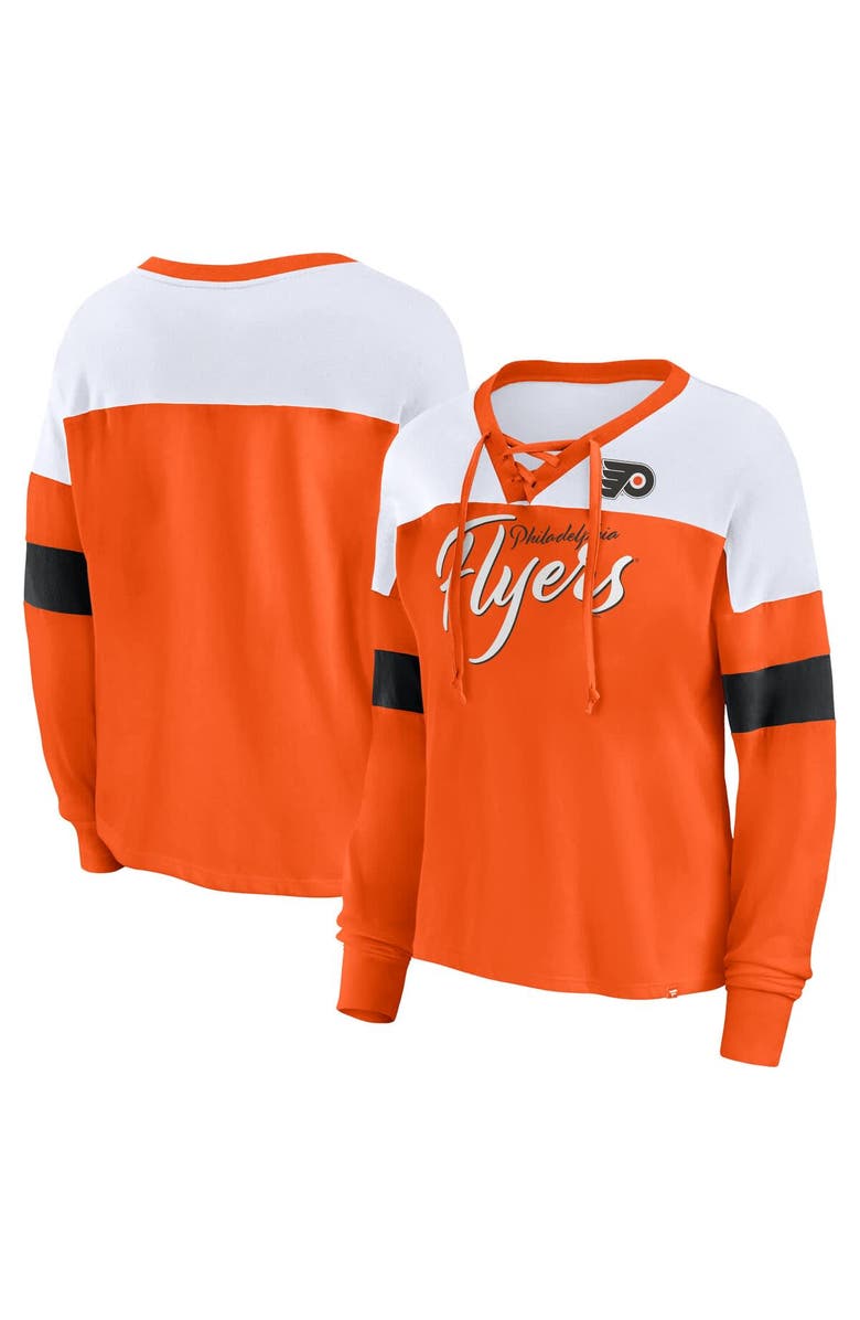FANATICS Women's Fanatics Orange Philadelphia Flyers Take the Shot Long Sleeve Lace-Up V-Neck T-Shirt, Main, color, 