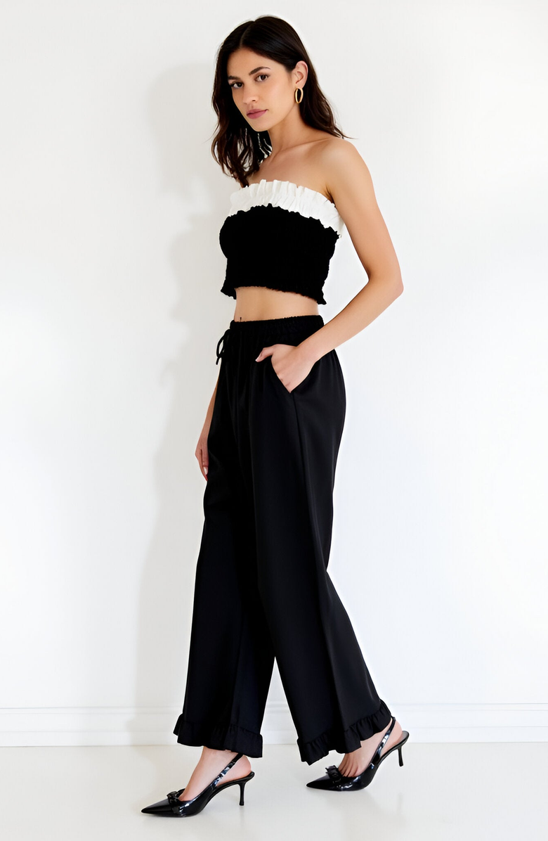 Modenaire Wide Leg Drawstring Pants with Ruffle Hem, Alternate, color,