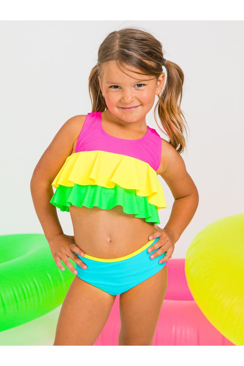 Girls Flounce Bikini, Alternate, color, Neon Color Block