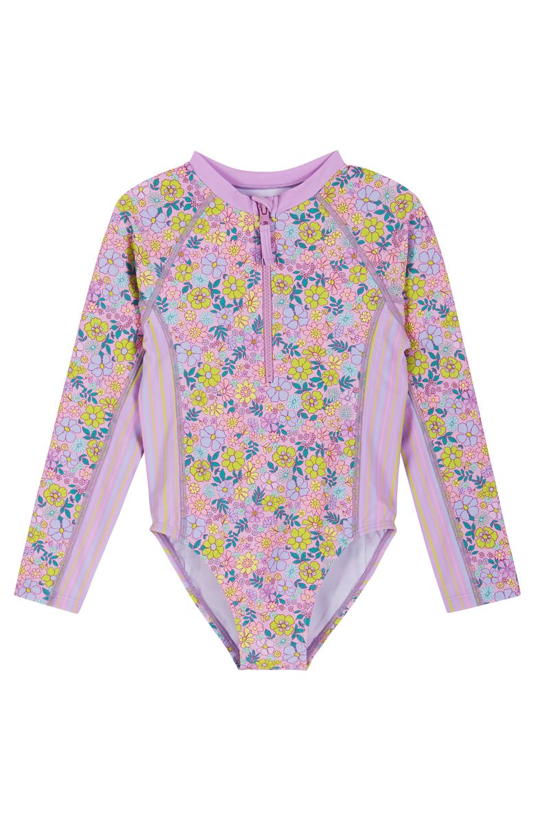Andy & Evan Kids' Print Long Sleeve One-Piece Rashguard Swimsuit & Hair Tie Set, Alternate, color, Purple Mix