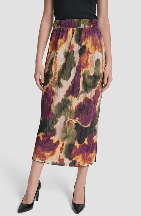 Print Plissé Midi Skirt