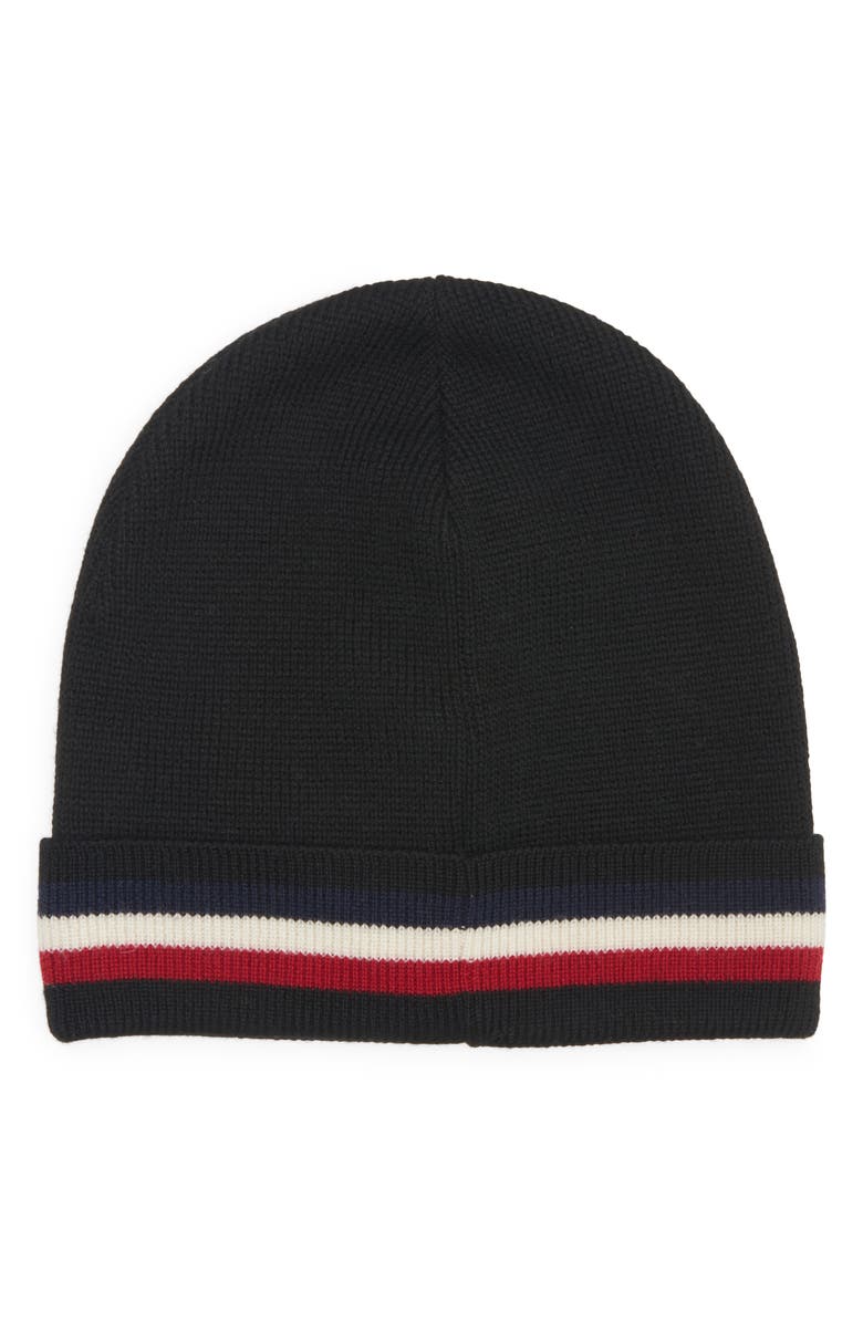 Moncler Tricolor Stripe Ribbed Wool Beanie, Alternate, color, Black