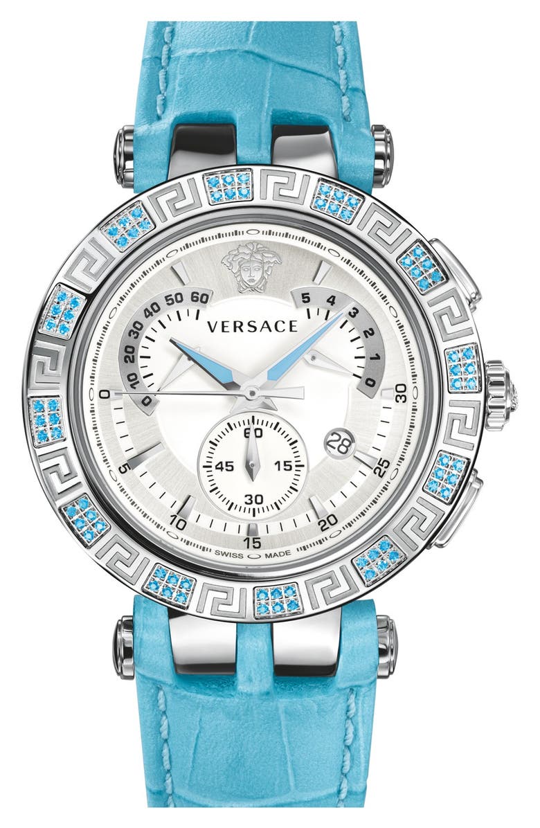 Versace 'V-Race Precious' Chronograph Leather Strap Watch, 42mm, Main, color,