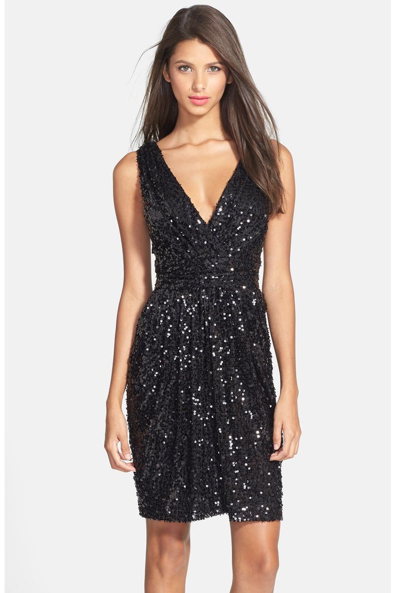 Sequin Gathered Sheath Dress, Main, color, BLACK