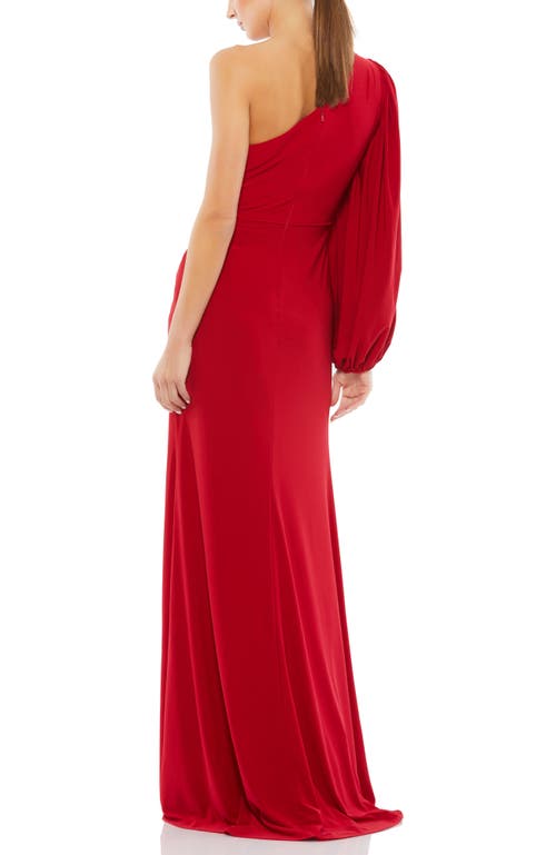 Mac Duggal One Shoulder Puff Sleeve Faux Wrap Gown In Red