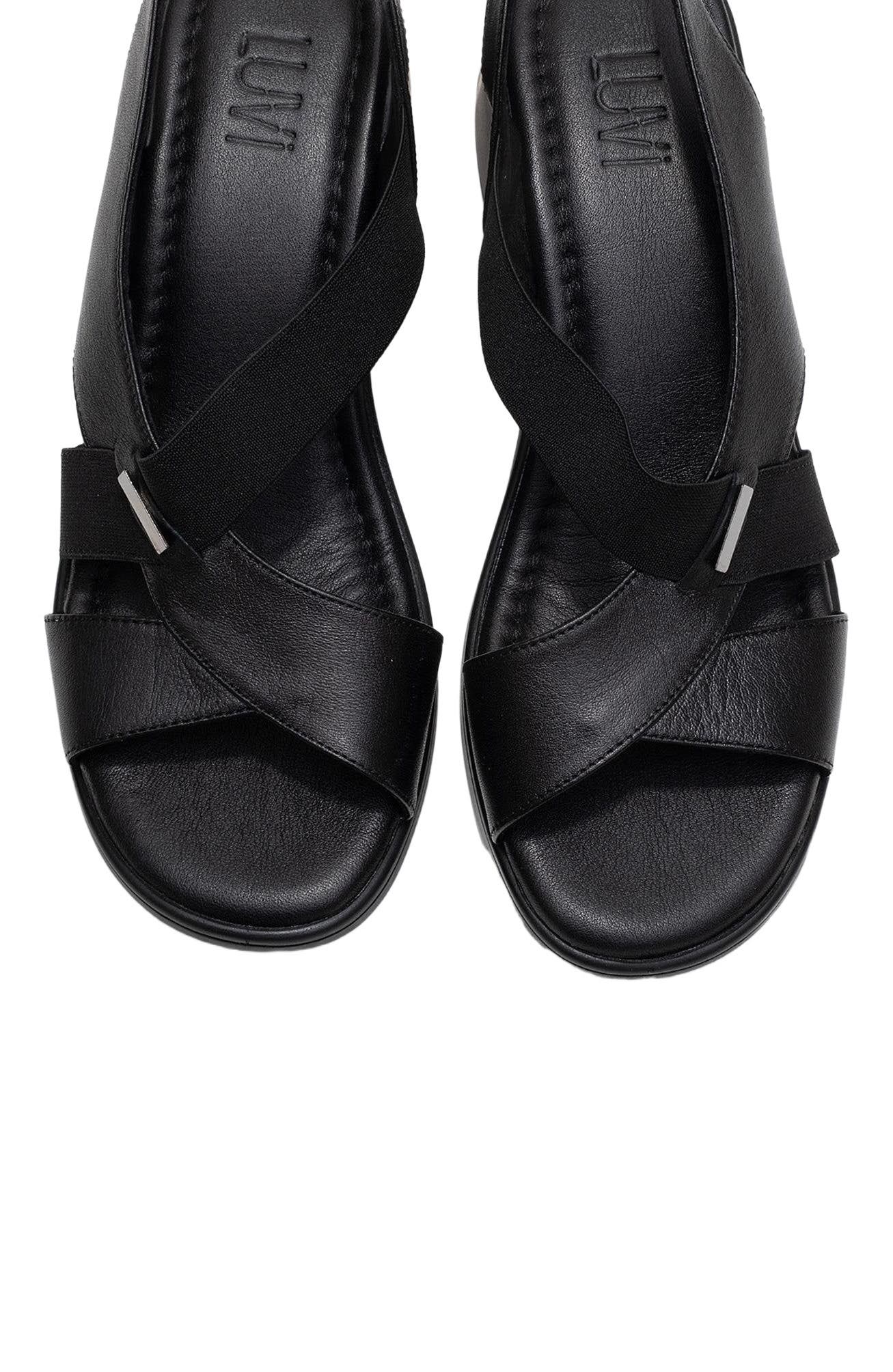 Forever & Always Shoes Crina Elasticated Leather Chunky Heel Sandal, Alternate, color, Black Leather