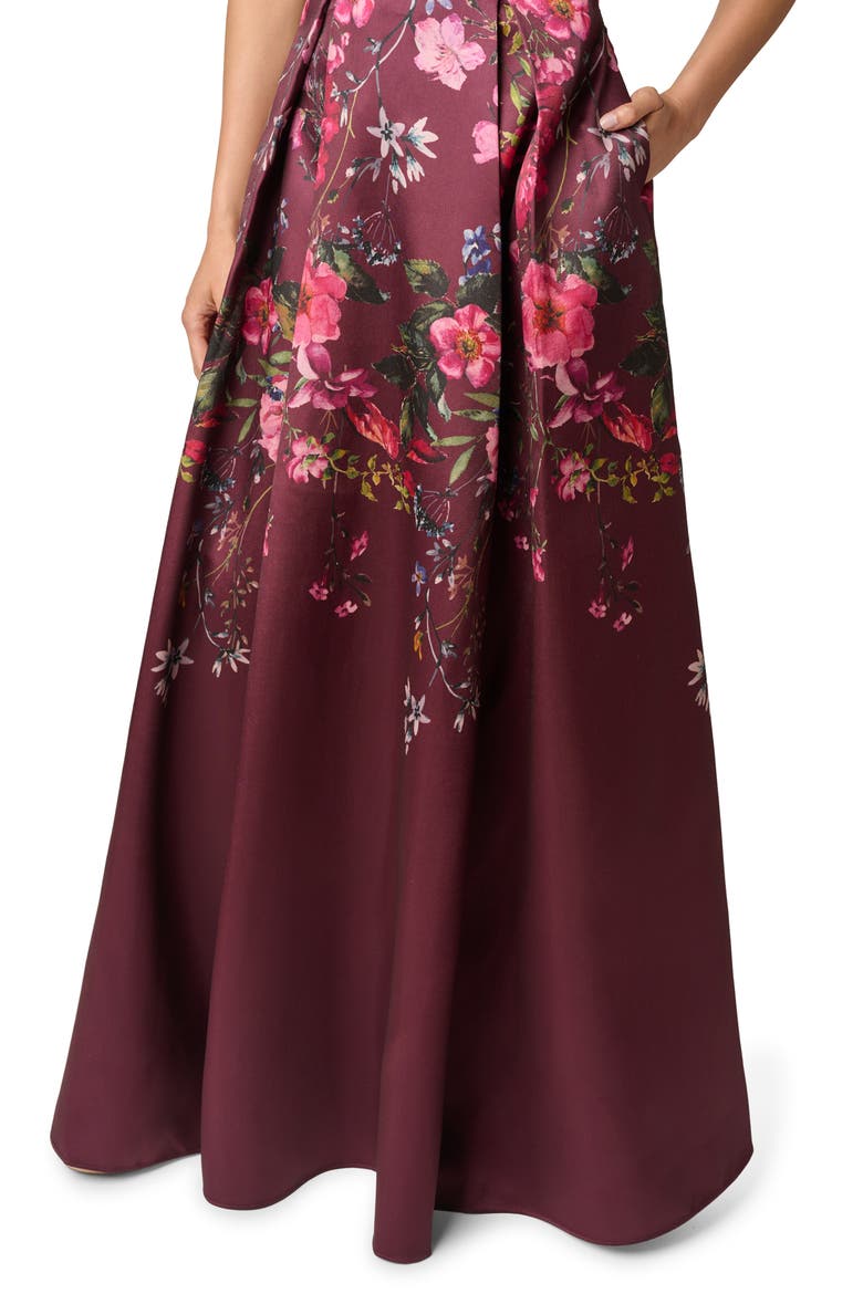 Off Shoulder Garden Floral Mikado Ballgown, Alternate, color, BURGUNDY MULTI