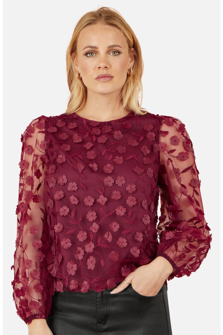 Sheer Sleeve Applique Top, Main, color, Burgundy