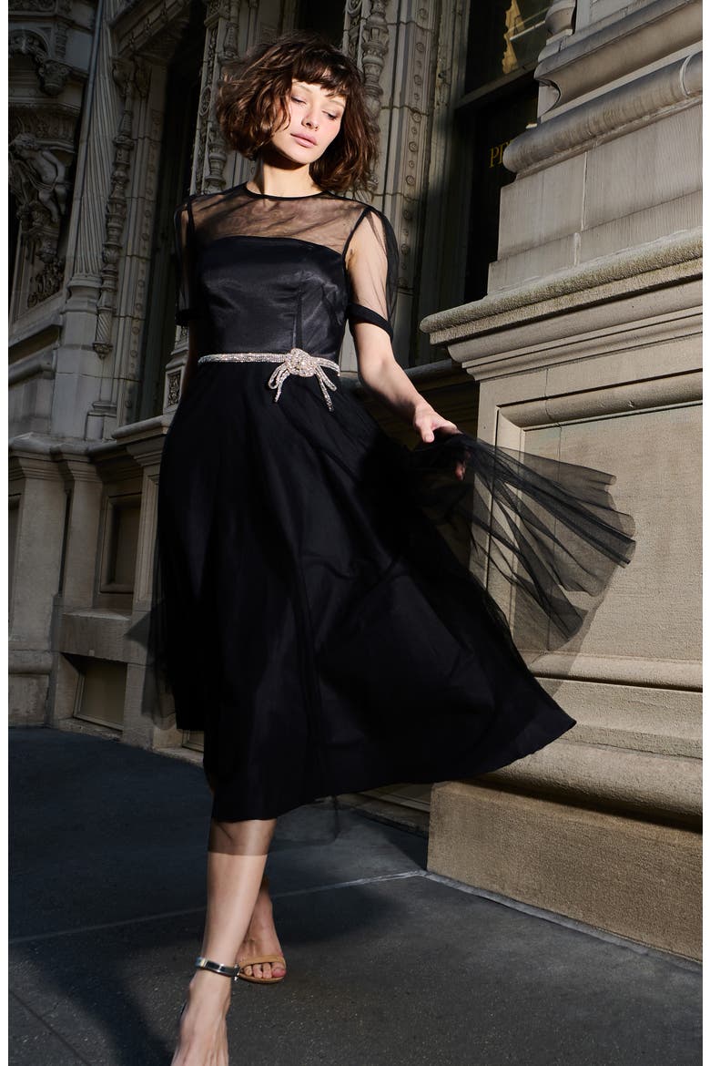 Tulle Overlay Illusion Neck Midi Cocktail Dress, Alternate, color, BLACK