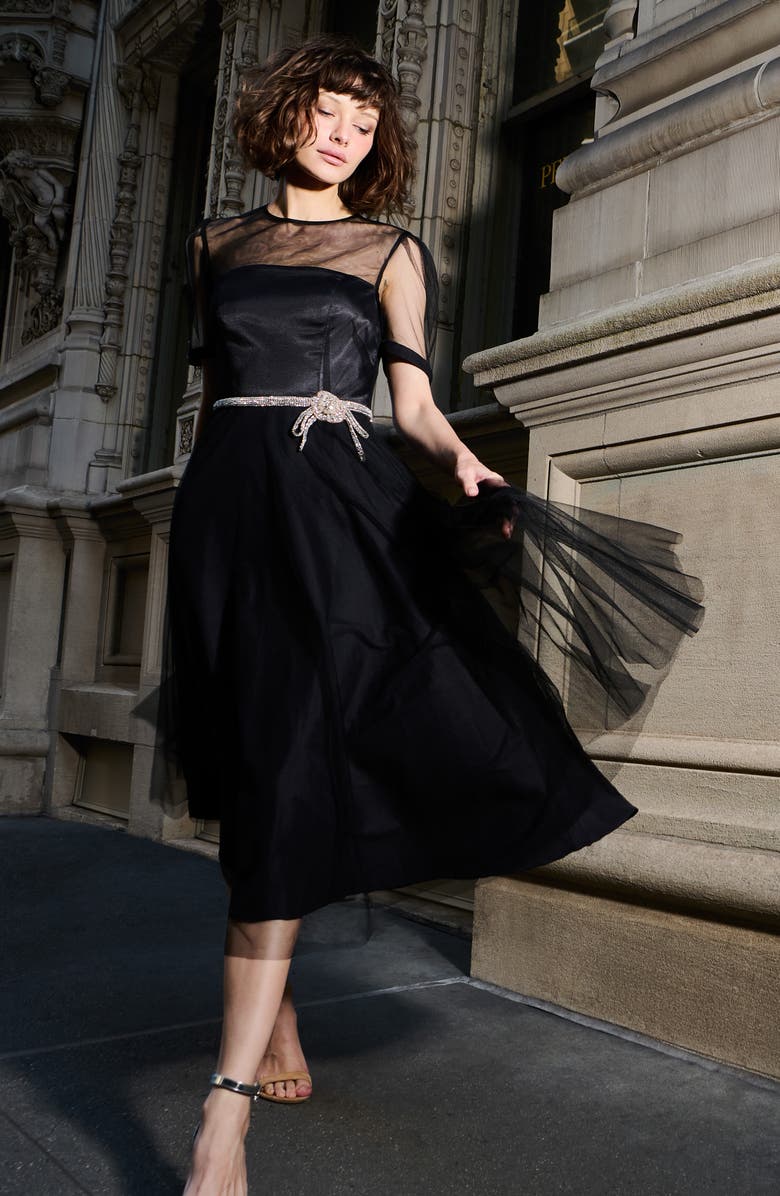 EMILY SHALANT Tulle Overlay Illusion Neck Midi Cocktail Dress, Alternate, color,