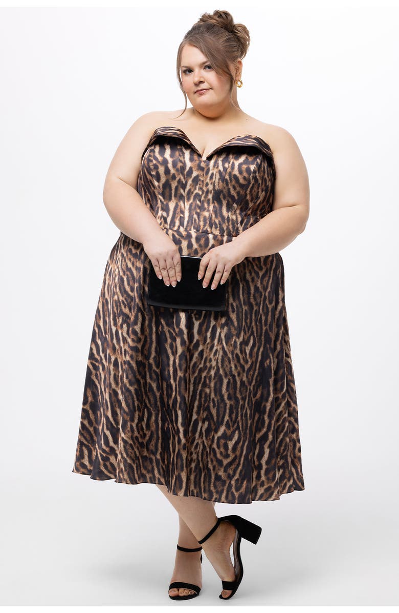 Celebrations by Sydney's Closet Strapless Animal Print Plus Size Tea Length Dress, Alternate, color, Animal Print