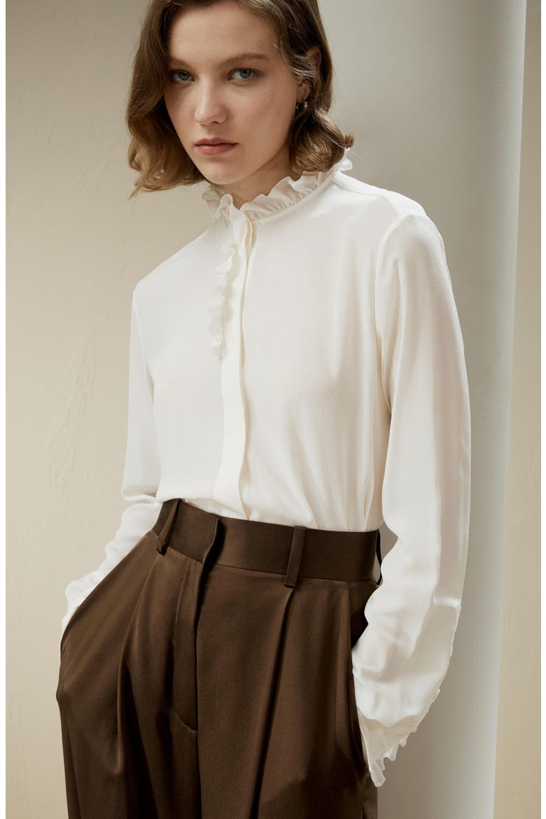 Crêpe de Chine Silk Blouse with Ruffle Edge, Alternate, color, Natural white