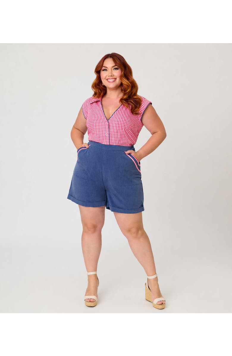 Unique Vintage Plus Size High Waist Short, Main, color, Blue W/ Gingham Print
